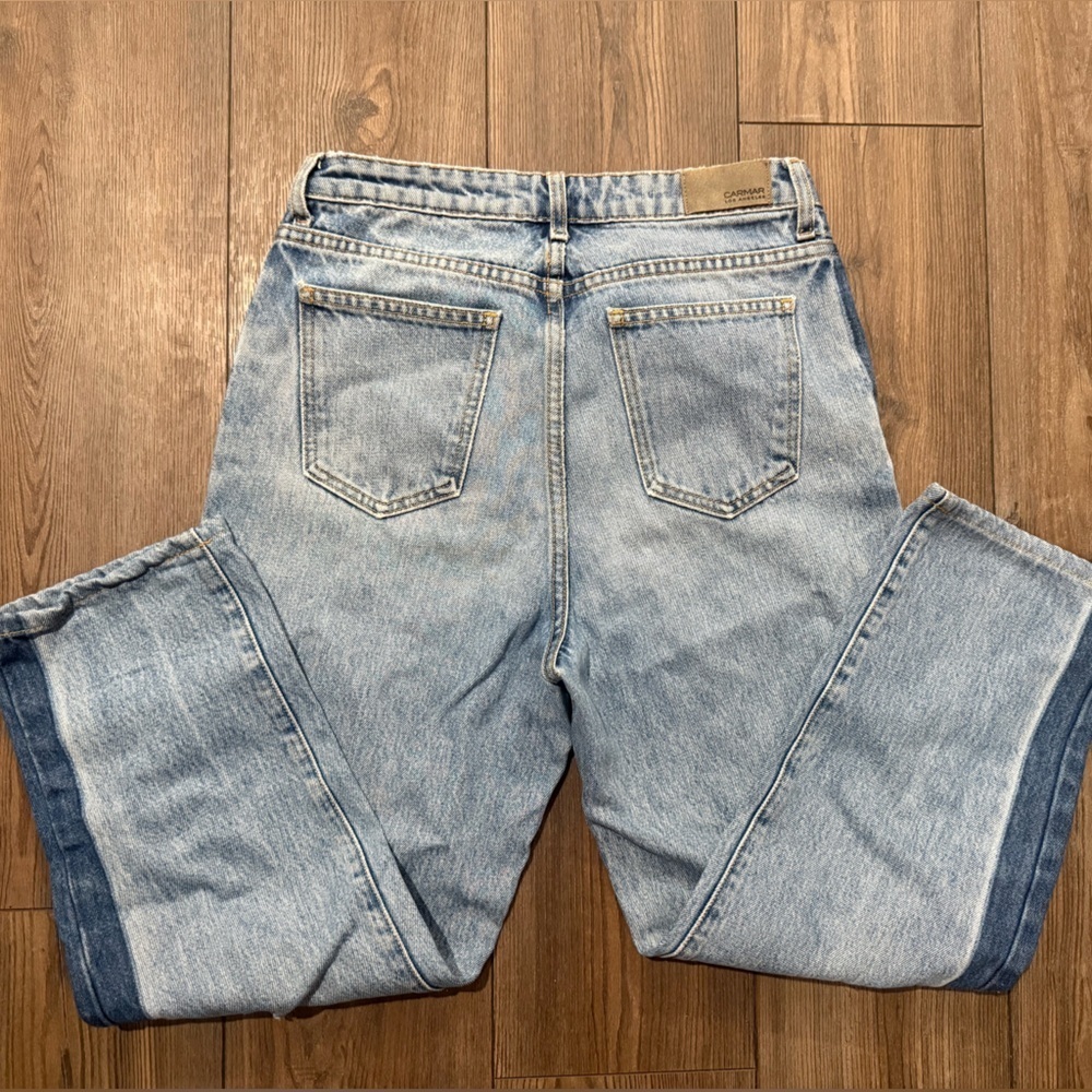 Carmar Denim Two-Tone Cropped Jeans Size 27 High Rise Distressed Raw Hem